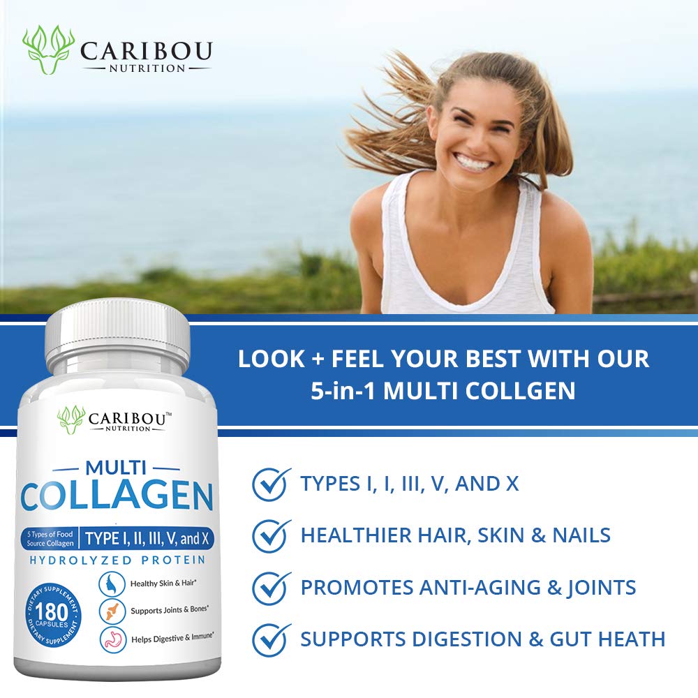 Multi Collagen Pills - 180 Collagen Pills - Type I, II, III, V & X Collagen Capsules - Unique Blend of Collagen Peptides Capsules - Wild Fish, Eggshell,