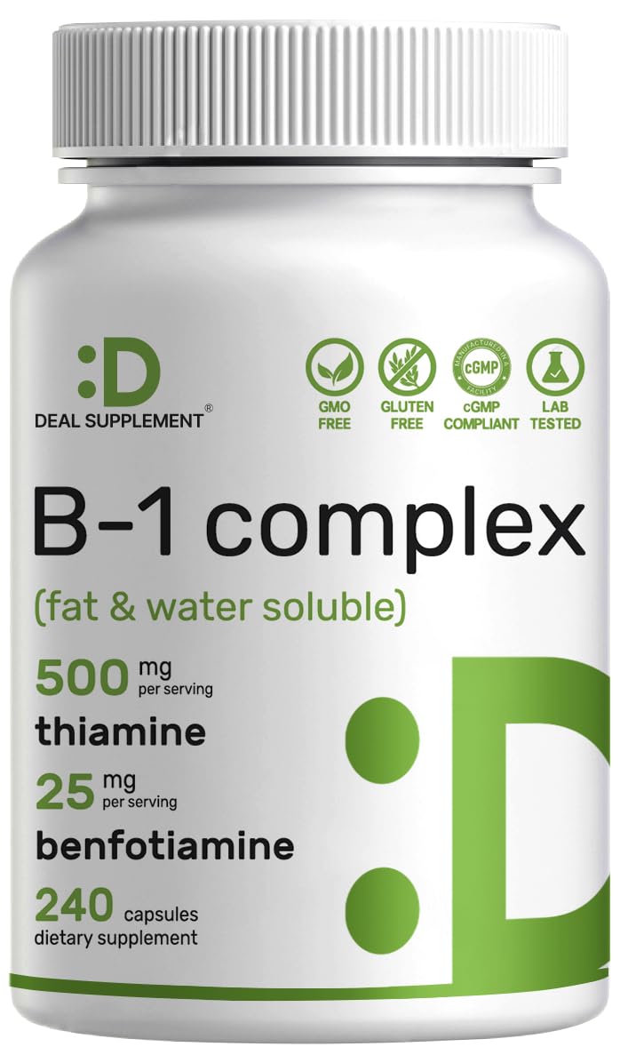 DEAL SUPPLEMENT Vitamin B1 500mg with Benfotiamine, 240 Capsules – 2 in 1 Enhanced Formula – Fat & Water Soluble Thiamine B1 Supplement