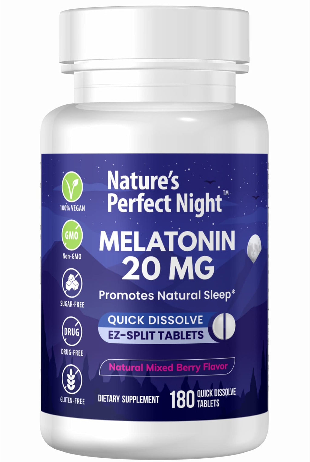 Nature's Perfect Night | Melatonin 20mg | 180 Quick Dissolve Tablets | Natural Mixed Berry Flavor |High Potency | Sugar Free
