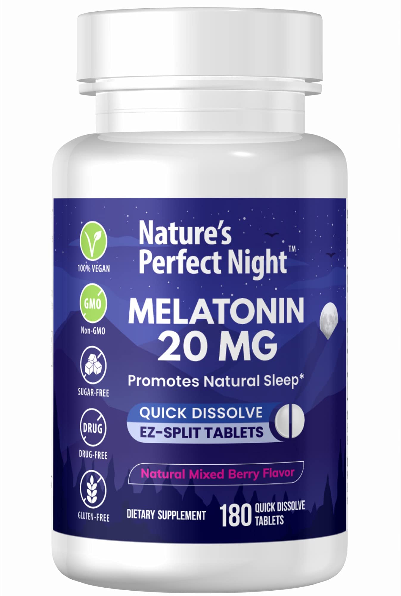 Nature's Perfect Night | Melatonin 20mg | 180 Quick Dissolve Tablets | Natural Mixed Berry Flavor |High Potency | Sugar Free