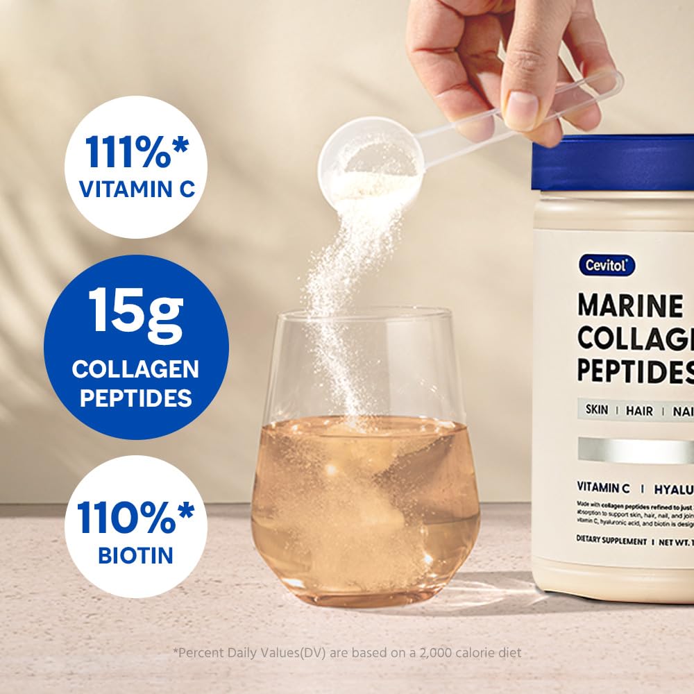 Cevitol Marine Collagen Peptides - Hydrolyzed Ultra-fine Collagen Powder for Women & Men, Hyaluronic Acid, Biotin, Vitamin C, for Skin, Hair, Nails, Joints