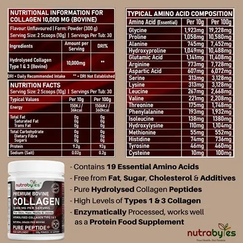 Pure Hydrolysed Collagen Powder 10000mg Bovine Type 1 & 3 Unflavoured|High Strength Protein Peptides for Women & Men NUTRABYTES Au supplements