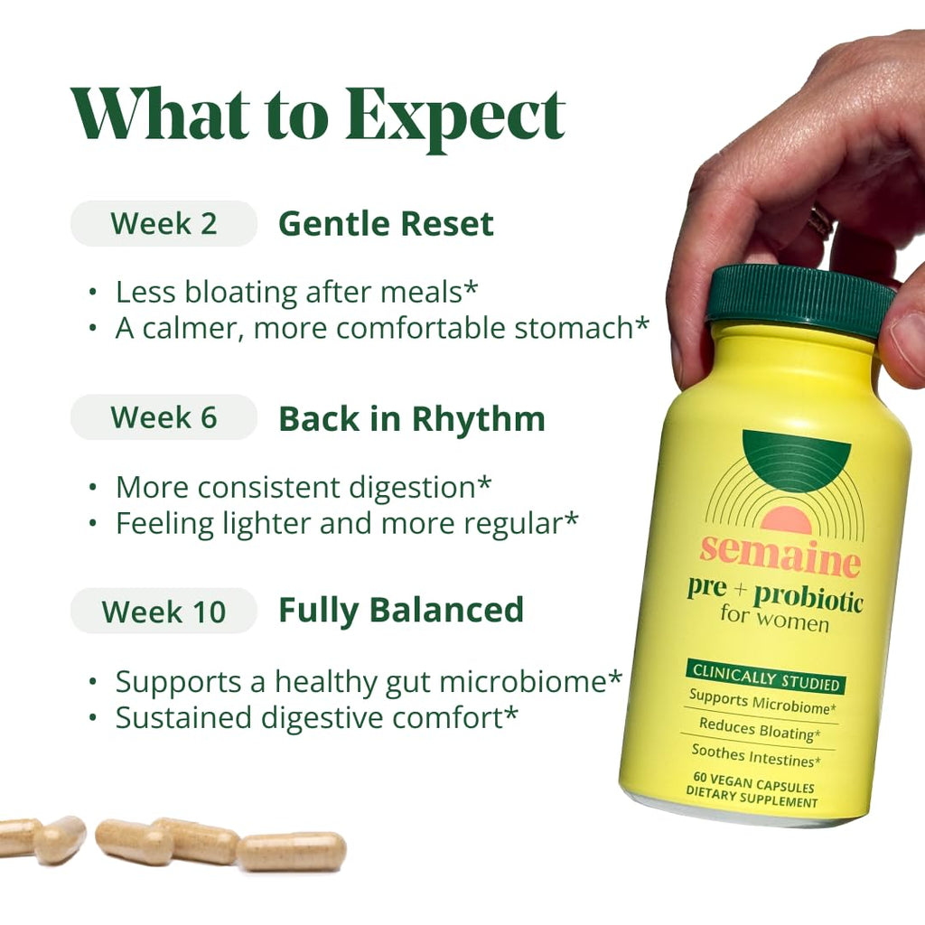 Semaine Super Powered Prebiotic + Probiotic for Women, Effective 3-in-1 Multi-Action Formula to Nourish Gut Health, Soothe IBS, Support Bloat Relief