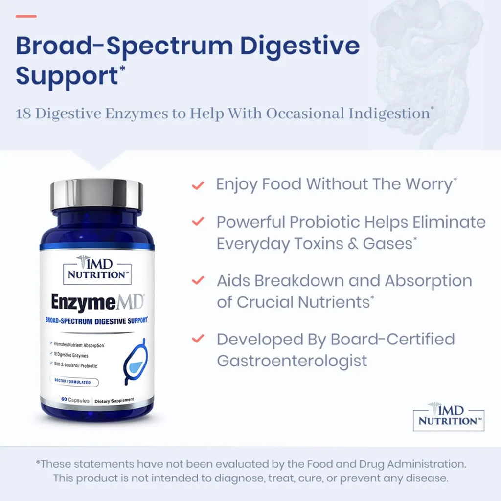 1MD Nutrition EnzymeMD - Digestive Enzymes Supplement - Doctor Formulated | 18 Plant-Based Enzymes - Gas & Bloating Support | 60 Capsules 1MD Nutrition Au supplements