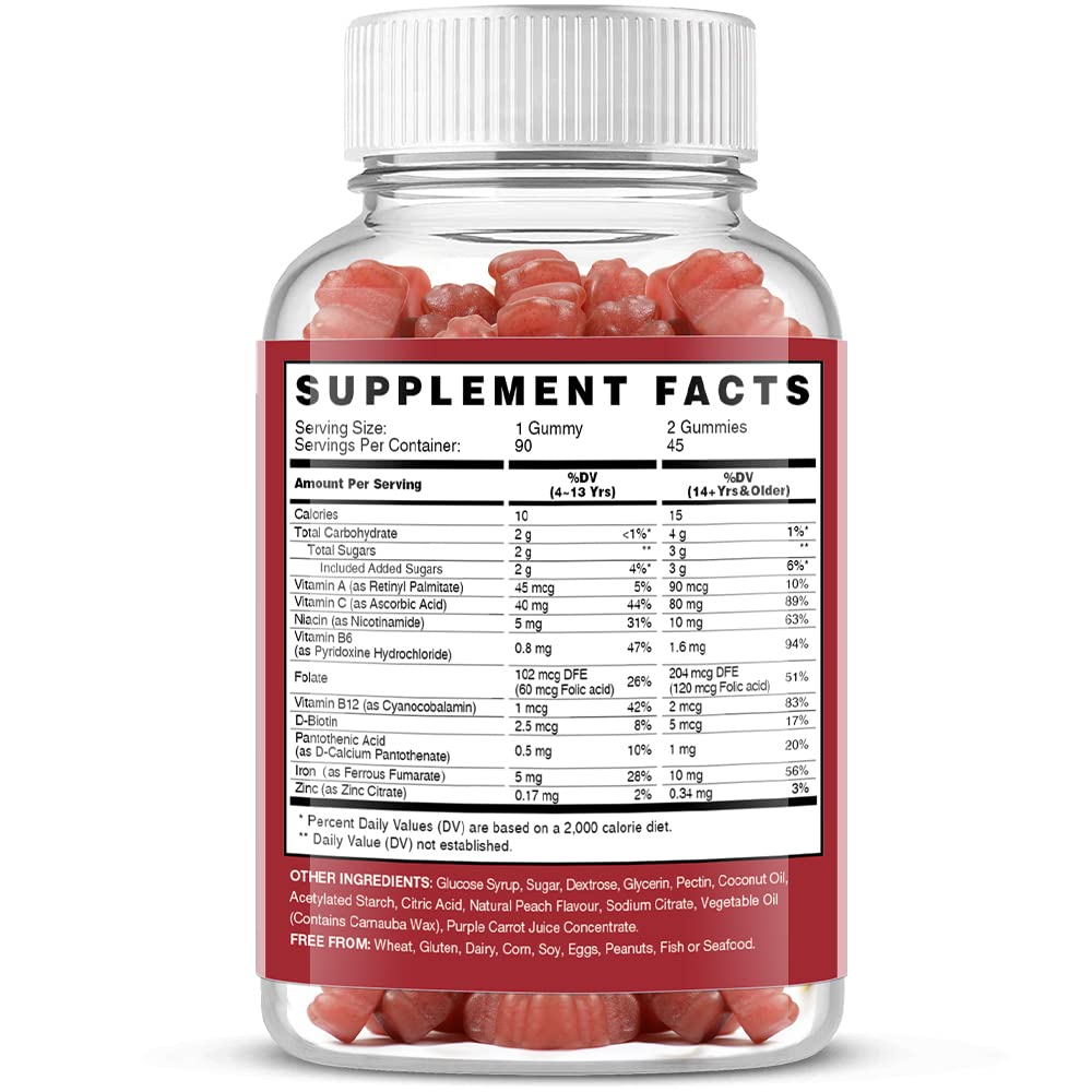 Vegan Iron Gummies Supplement - with Vitamin C, A, B-Complex, Folate, Zinc for Adults & Kids - Health Blood & Energy Support for Iron Deficiency,