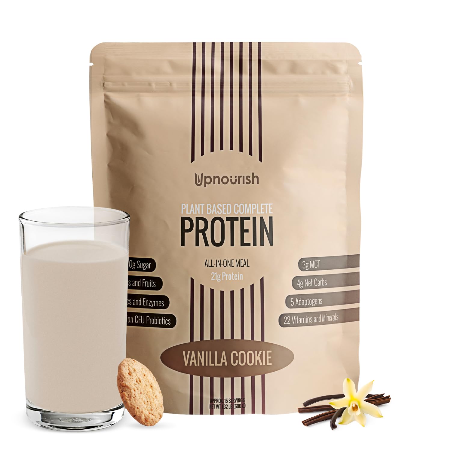 UpNourish Vanilla Cookie Vegan Protein Powder 54 Superfoods Powder,1.5 Billion CFU Probiotics 21g Plant Based Protein,No Sugar No Dairy No GMO Dairy Free,Meal Replacement Shake Keto-Friendly Low-Carb Diet,15 Servings UpNourish Au supplements