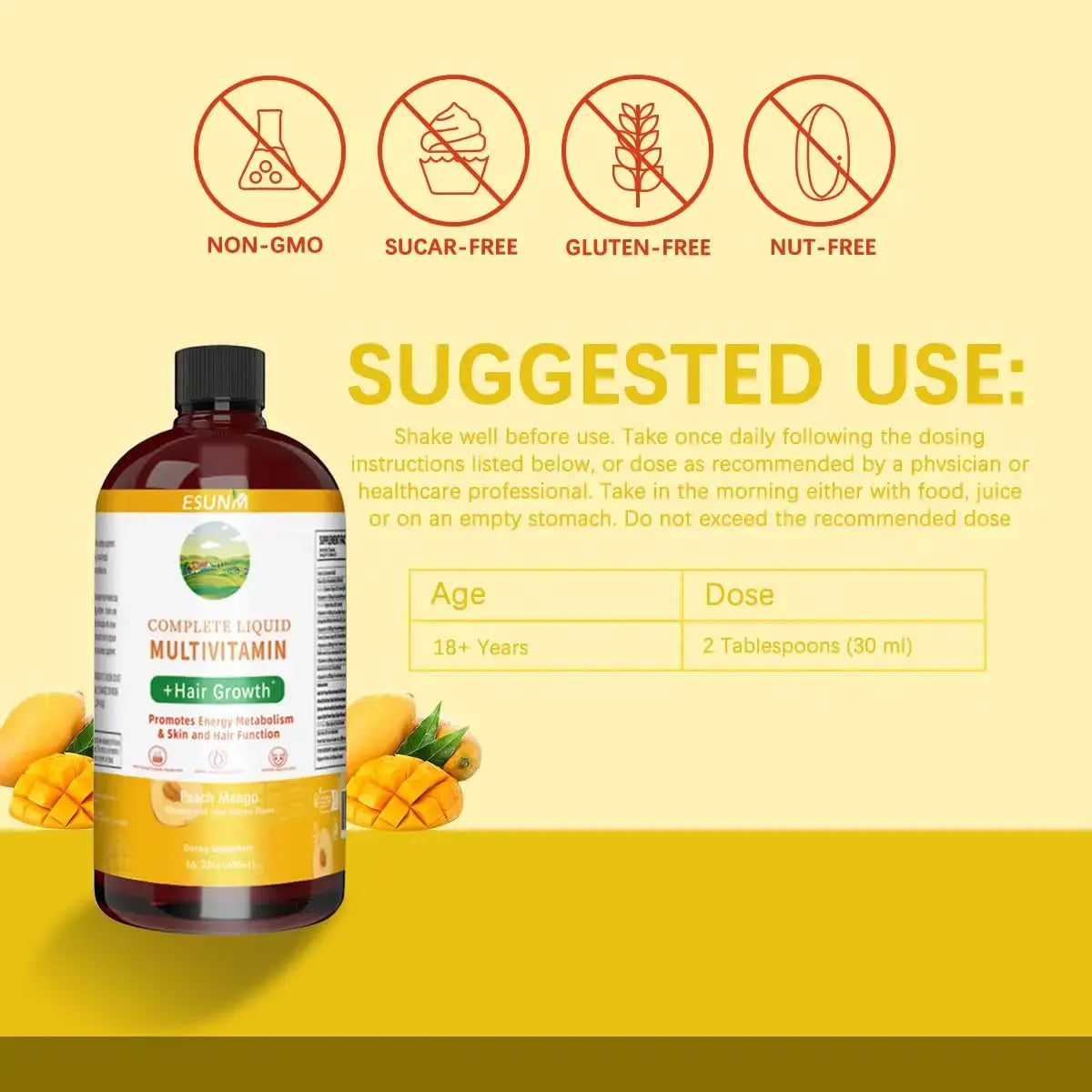 ESUNM Complete Liquid Multivitamin + Hair Growth, Promotes Energy Metabolism& Skin and Hair Function| Vitamin C D | B Vitamins | ESUNM Au supplements