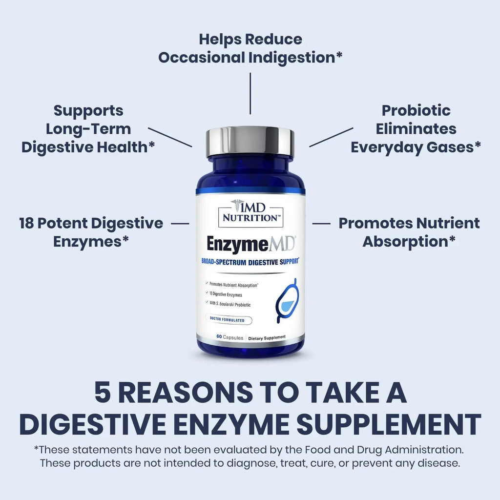 1MD Nutrition EnzymeMD - Digestive Enzymes Supplement - Doctor Formulated | 18 Plant-Based Enzymes - Gas & Bloating Support | 60 Capsules 1MD Nutrition Au supplements