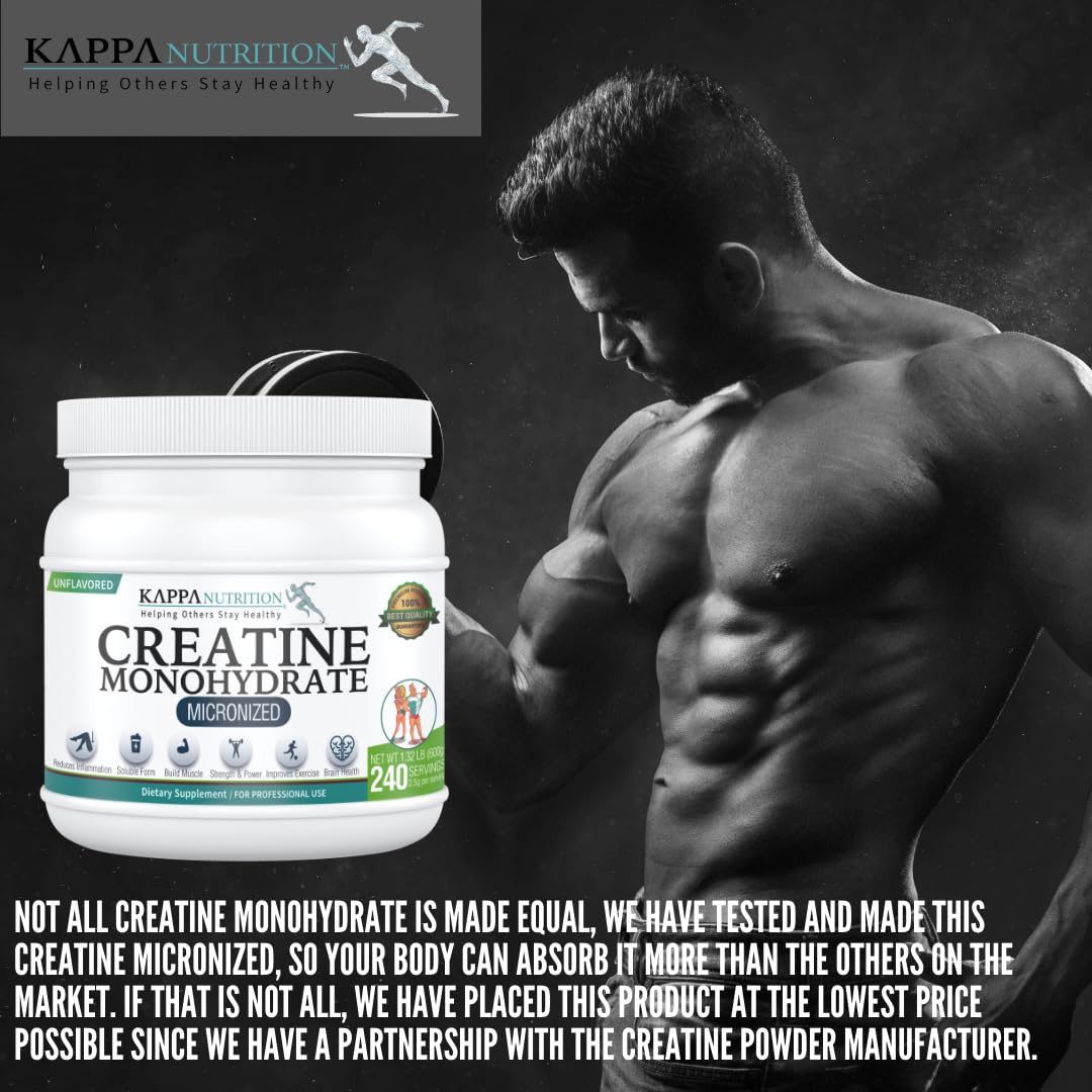 Kappa Nutrition Creatine Monohydrate Powder, Pure Amino Acid Formula, Supports Muscle Strength, Cellular Energy & Mental Focus* Gluten-Free, Keto, 2.25g per Scoop, 240 Servings, Net Wt. 1.32 LB (600g) KAPPA NUTRITION Au supplements