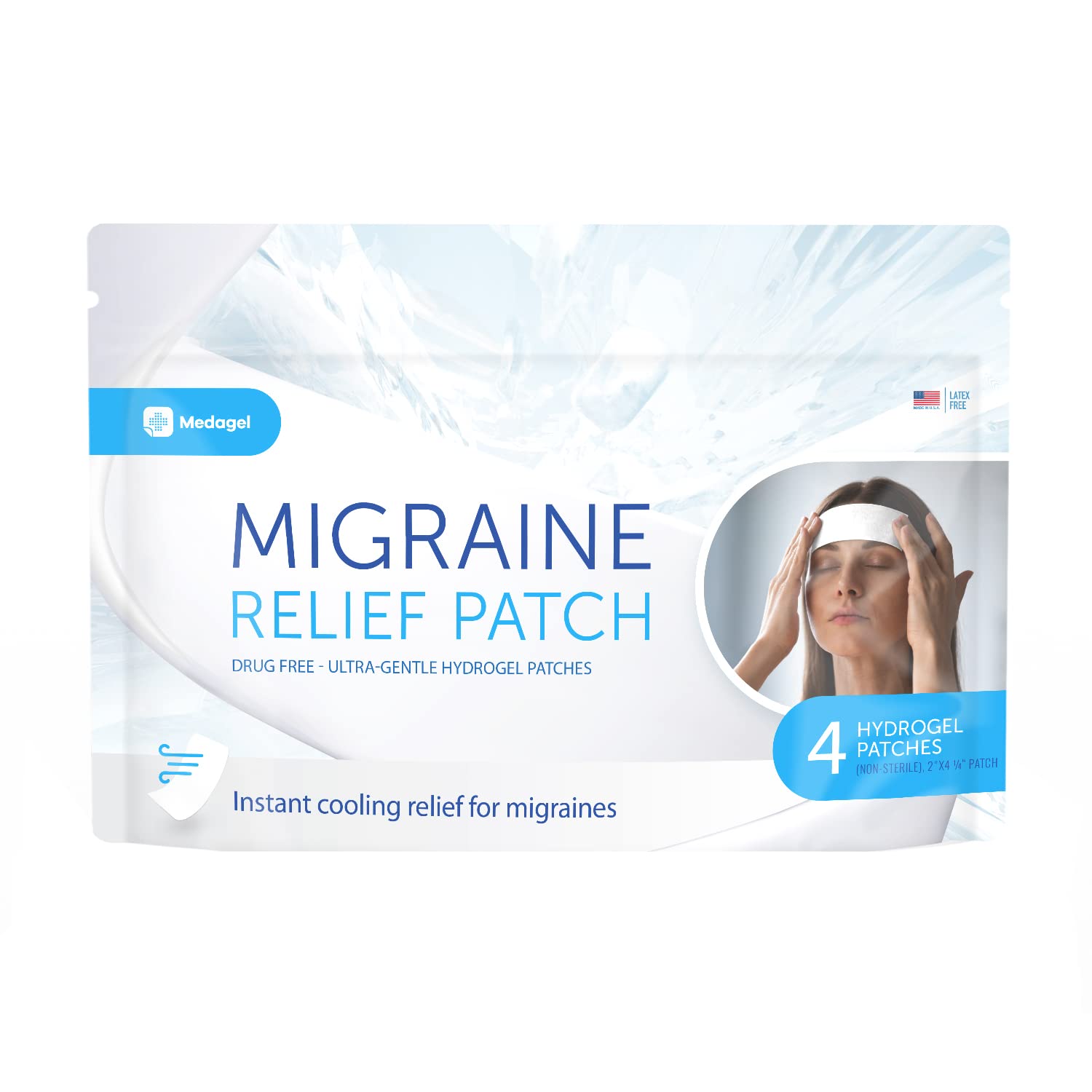 Medagel Migraine Relief Patch, Cooling Patches for Migraine, Fever, Hormone, & Headaches, Mess & Odor-Free Hydrogel Cooling, Made in The USA, 1 Pack (4 x Patches) White Medagel Au supplements