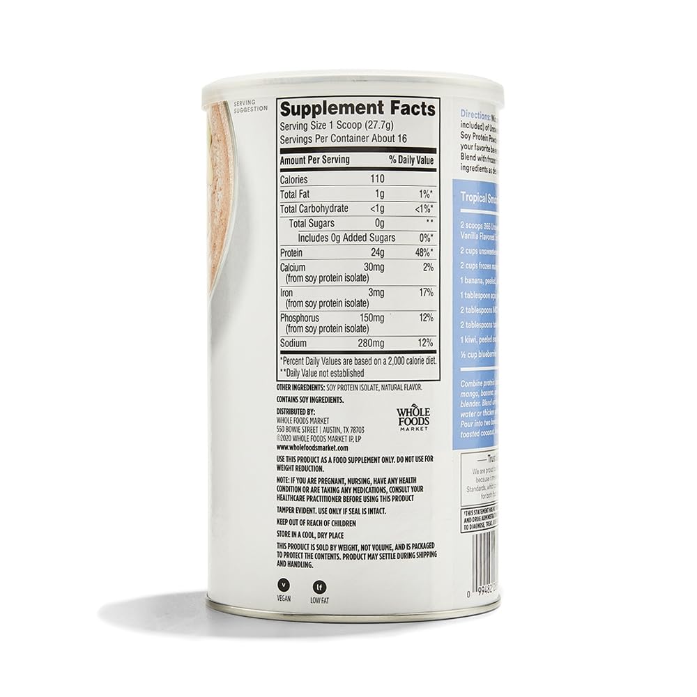 365 by Whole Foods Market, Soy Protein Powder, Unsweetened Vanilla Flavor, 15.63 oz