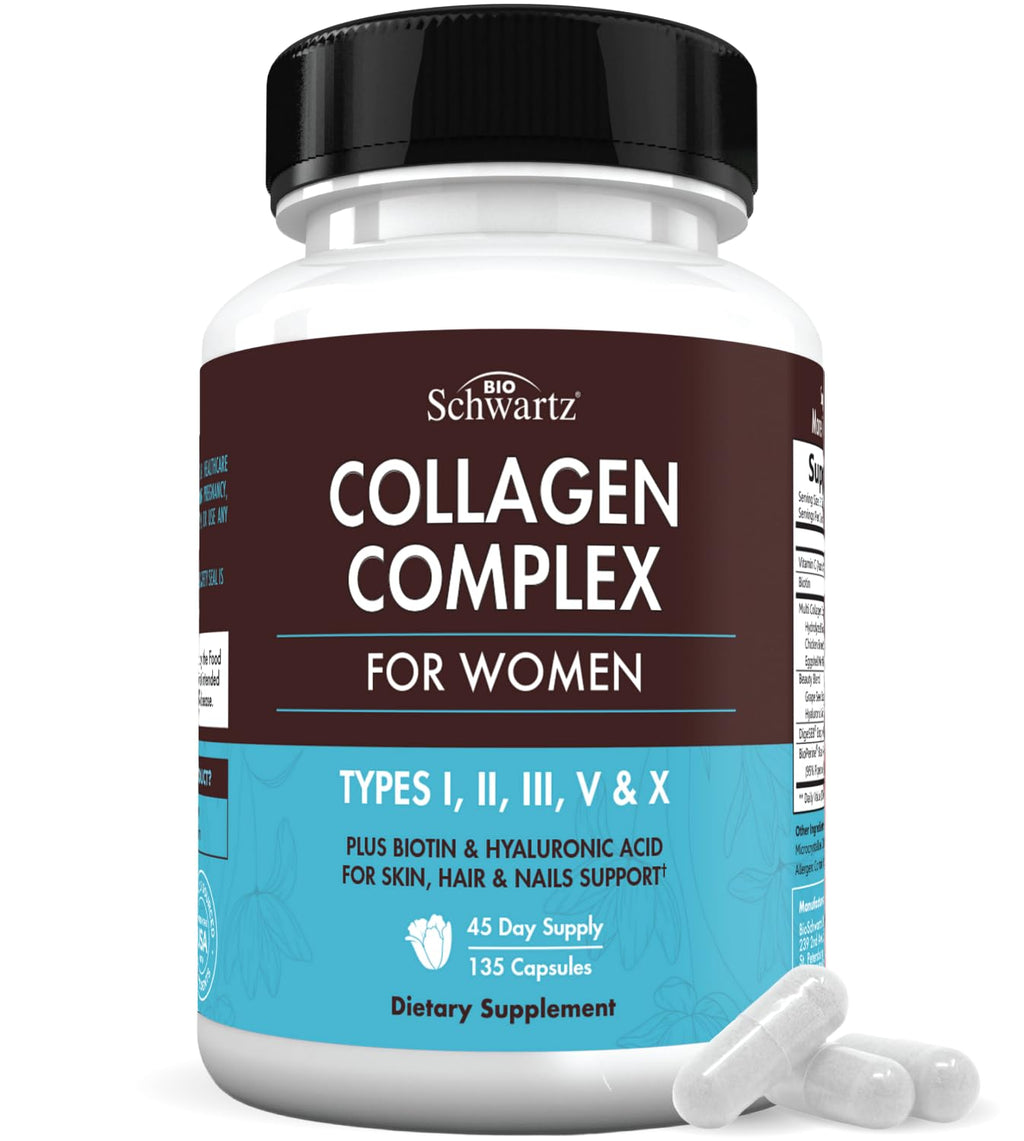 BioSchwartz Hydrolyzed Collagen Peptide Capsules - Multi Collagen Supplements for Women Types I, II, III, V, X with Vitamin C, Biotin,