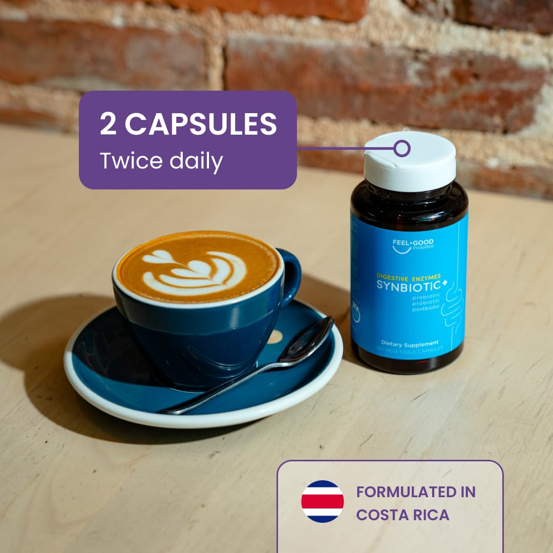 Feel Good Digestive Enzymes 4-in-1 Synbiotic+ – with Prebiotics, Probiotics & Postbiotics – Gut Health, Digestion & Bloating Relief