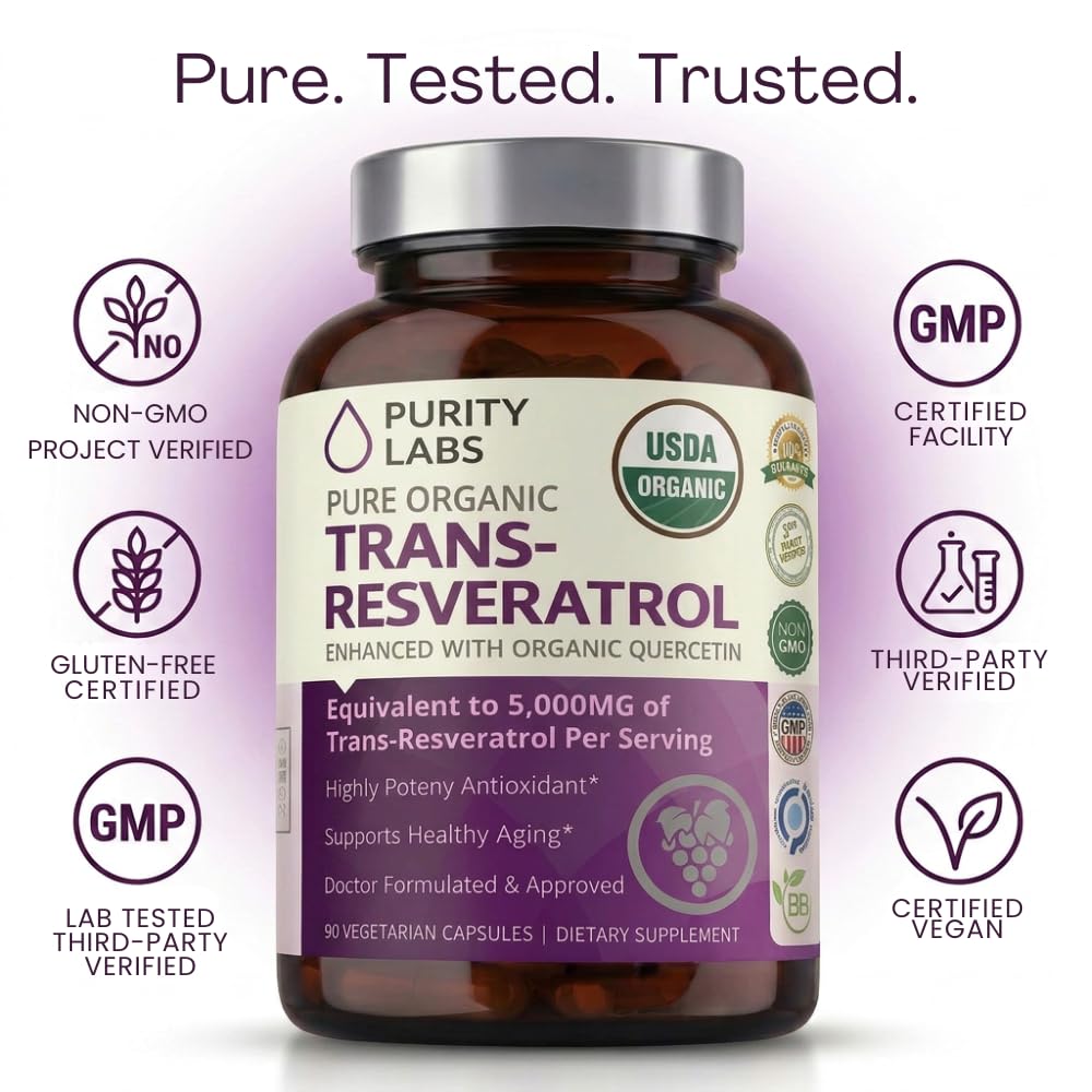 Purity Labs Trans-Resveratrol Supplement 5,000 mg Equivalent per Serving with Quercetin, USDA Organic High Potency Antioxidant,
