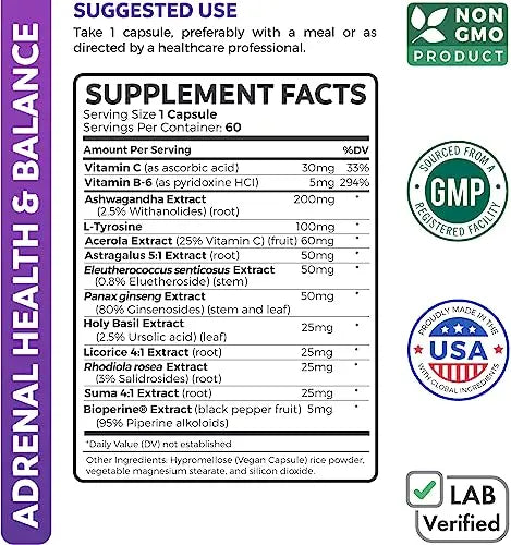 Adrenal Support & Cortisol Manager (Non-GMO) Powerful Adrenal Health with L-Tyrosine Healths Harmony Au supplements