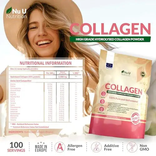Collagen Powder 600g - 100 Servings - High Grade Pure Bovine 100% - Collagen Peptides Hydrolysate Nu U Nutrition Au supplements