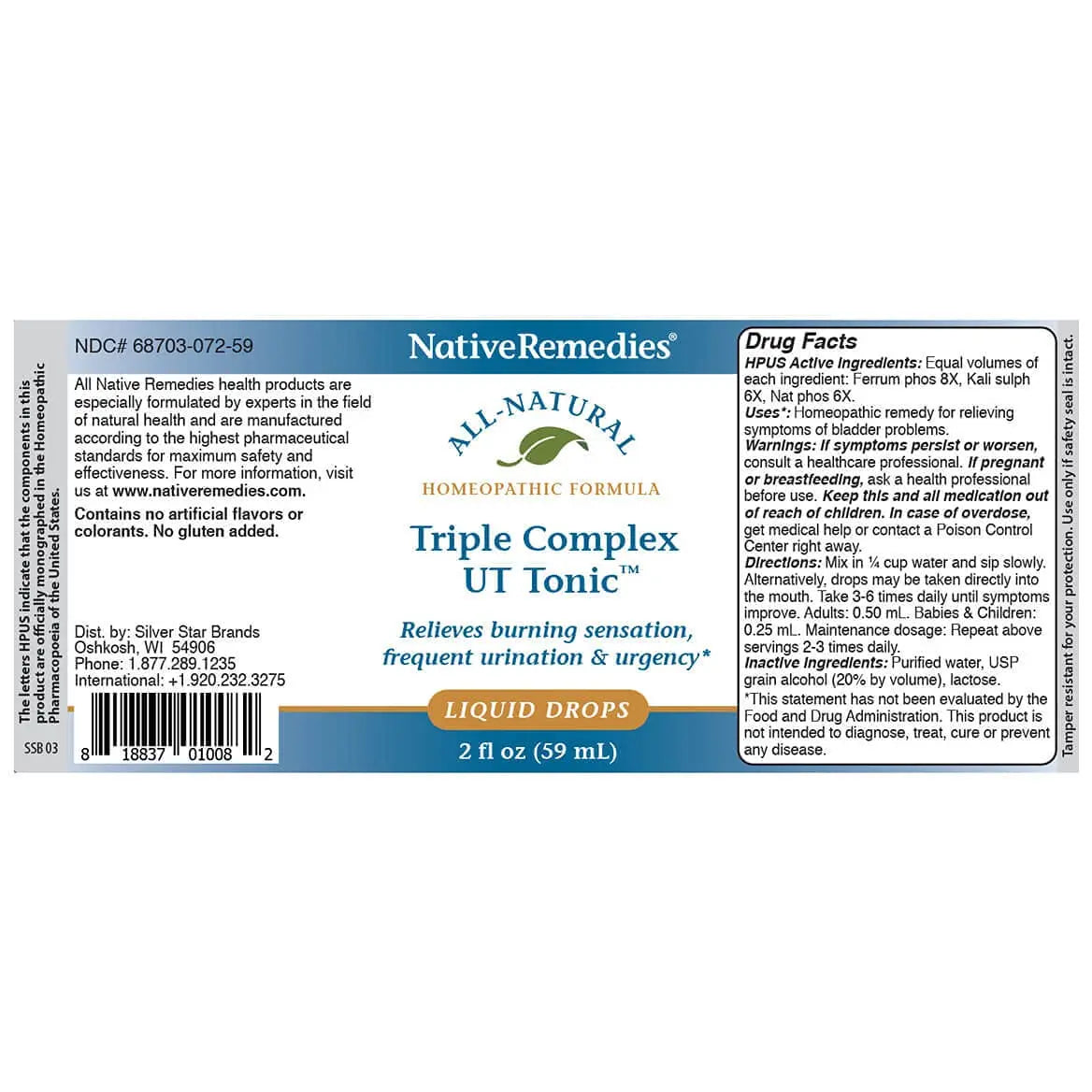 Native Remedies Triple Complex UT Tonic - Natural Homeopathic Formula to Relieve Bladder Irritation, Burning Sensation, Frequent Urination and Urgency - 59 mL Native Remedies Au supplements
