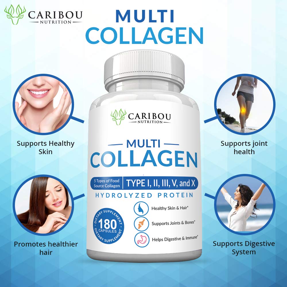 Multi Collagen Pills - 180 Collagen Pills - Type I, II, III, V & X Collagen Capsules - Unique Blend of Collagen Peptides Capsules - Wild Fish, Eggshell,