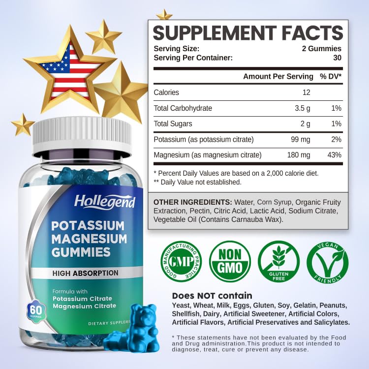 HOLLEGEND Potassium Magnesium Gummies, High Absorption Potassium Citrate 99mg Magnesium Citrate 180mg, Chewable Gummy Supplements for Leg Cramps & Muscle, 60 Count HOLLEGEND Au supplements