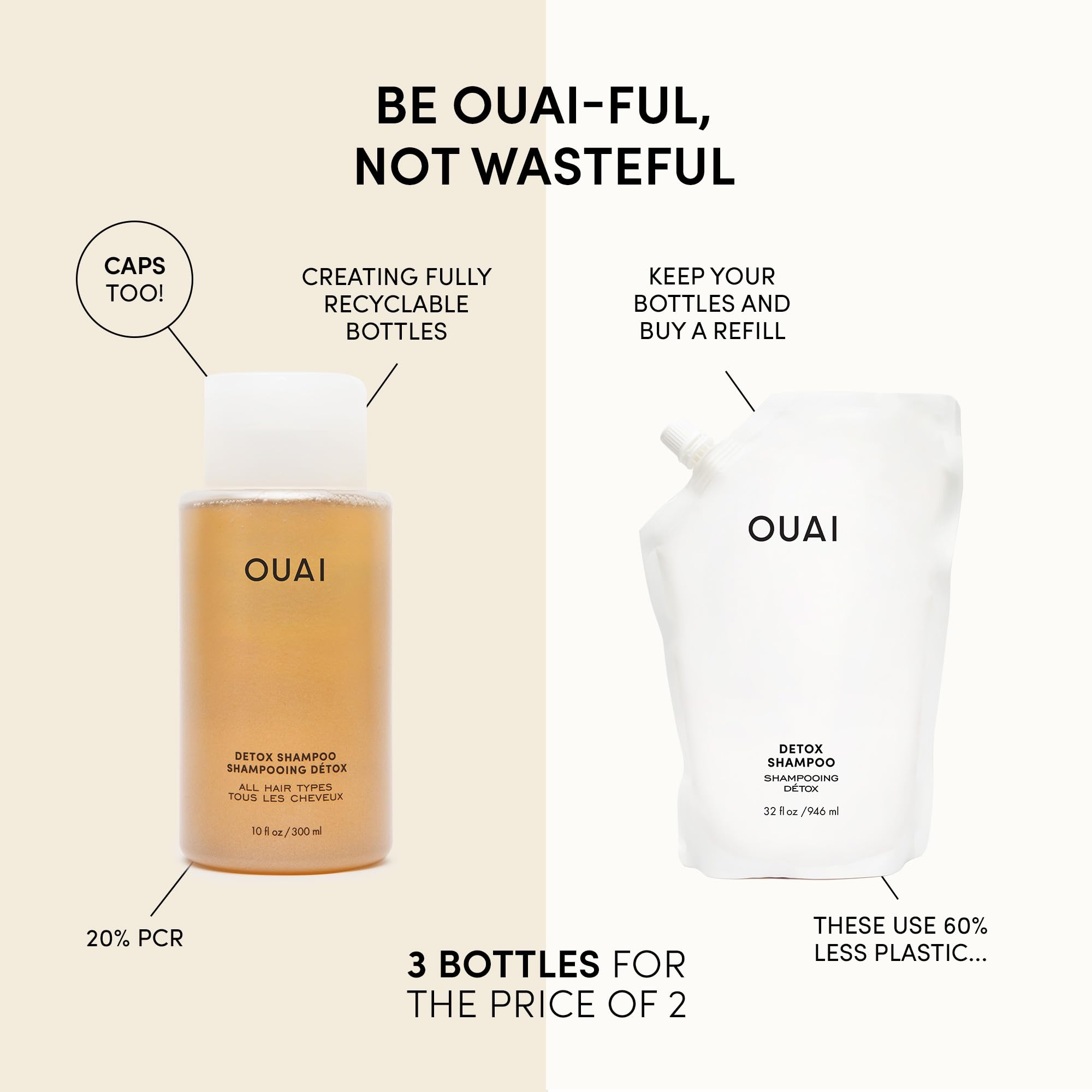 OUAI Detox Shampoo + Refill - Clarifying Shampoo for Build Up, Oil, Product & Hard Water - Apple Cider Vinegar & Keratin for Clean, Refreshed Hair - Sulfate Free Hair Care (2 Count, 10 Oz/32 Oz) OUAI Au supplements