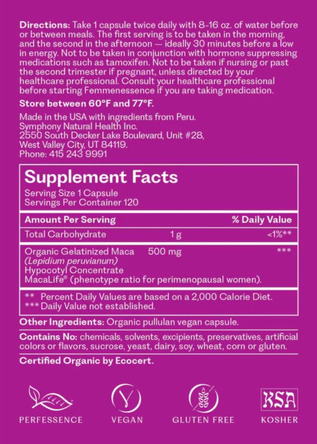 Femmenessence® MacaLife® – Clinically Proven Perimenopausal Organic Vegan Supplement for Natural Hormone Balance, Symptom Relief, Heart & Mood Support (120 Capsules, 60 Day Supply) Natural Health International Au supplements
