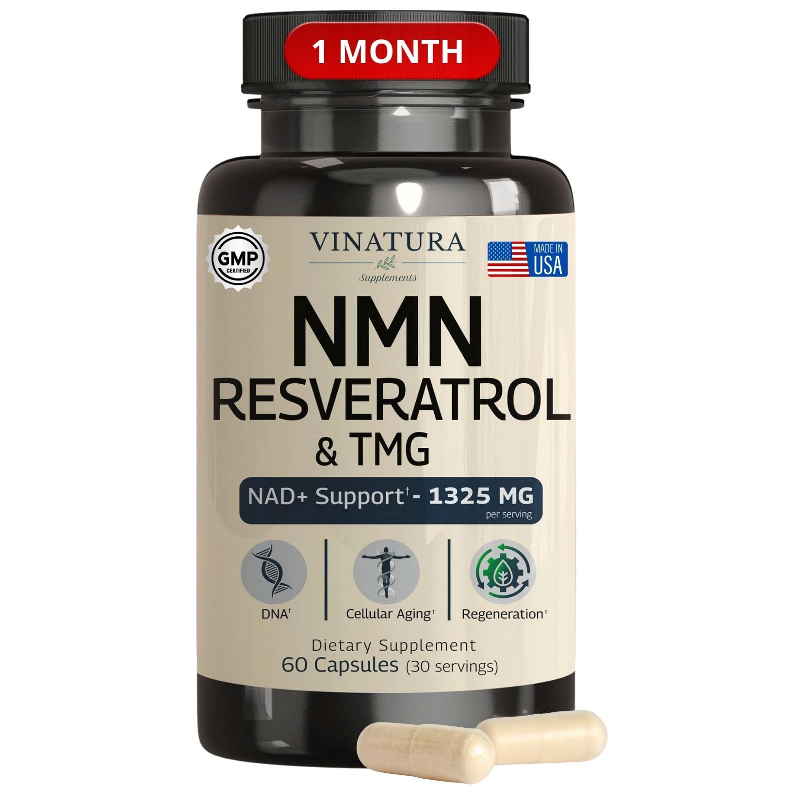 VINATURA NMN Complex Supplement 1325MG - NMN 1000mg with Resveratrol and TMG, Support NAD+, 60 Capsules VINATURA Au supplements