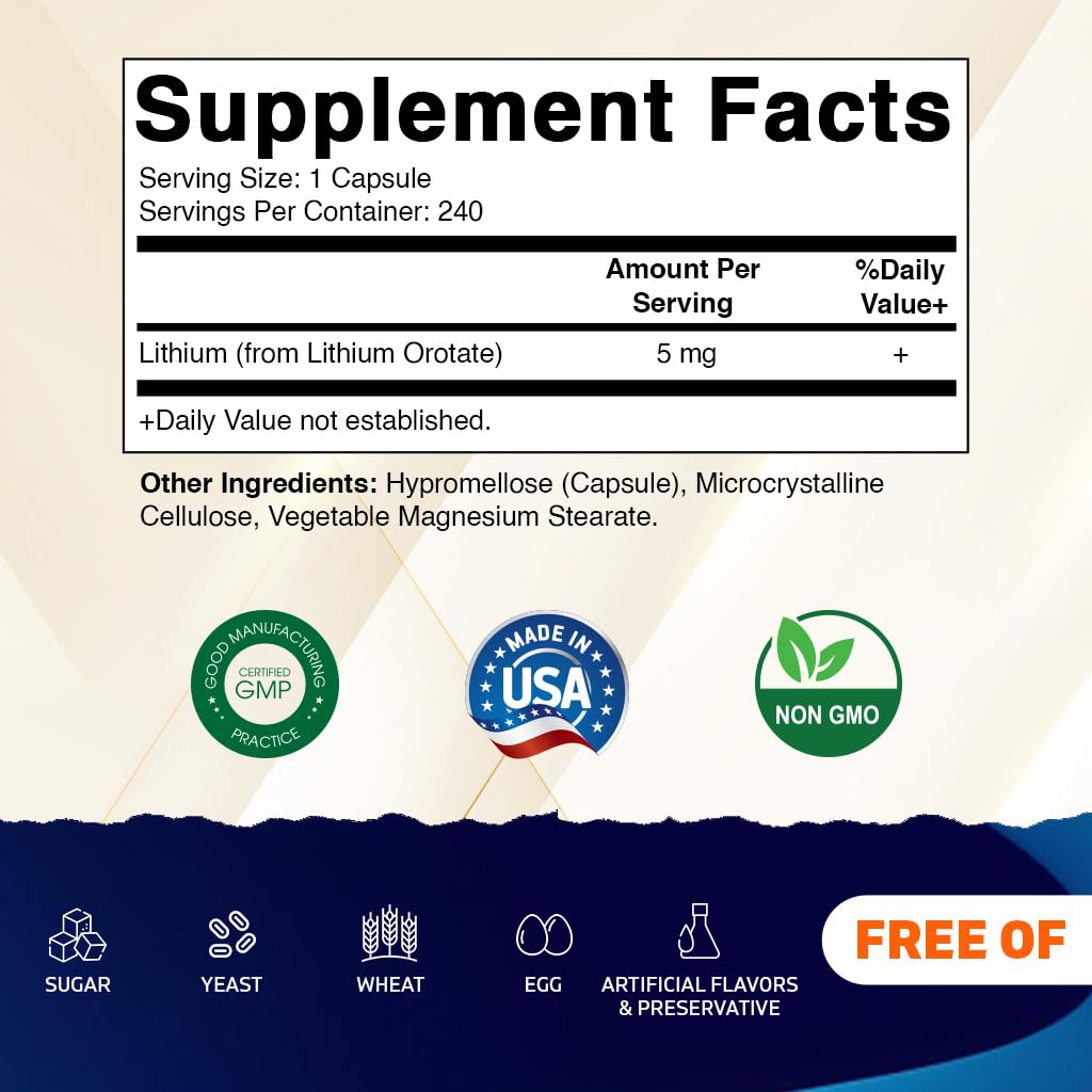 Vitamatic Lithium Orotate 5mg, 240 Veggie Capsules, Non-GMO, Gluten Free.