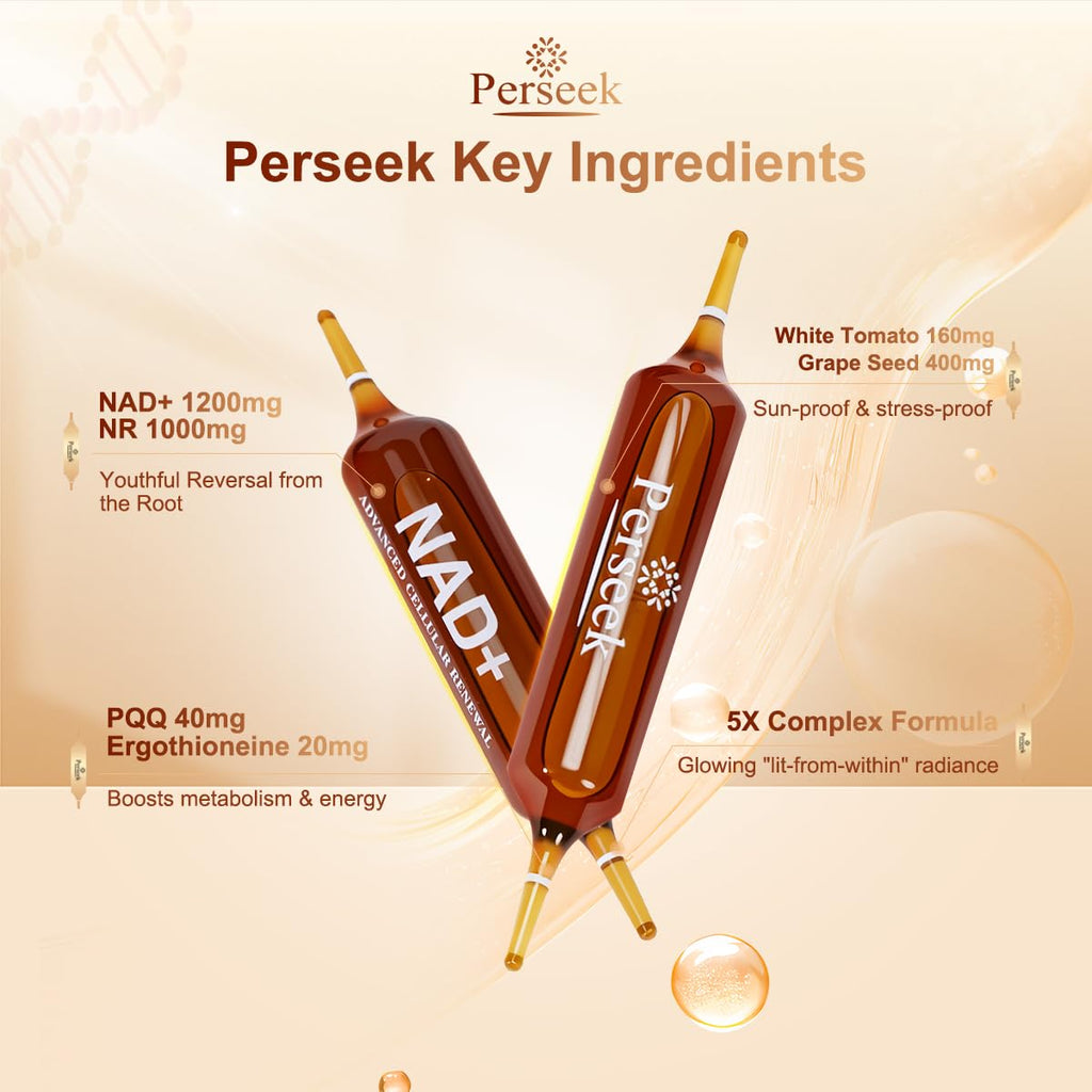 Perseek NAD+ 1200mg Liquid Supplement with Nicotinamide Riboside, PQQ & Grape Seed Extract for Cellular Vitality, Energy Metabolism & Antioxidant Support – 10 Liquid Vials Perseek Au supplements