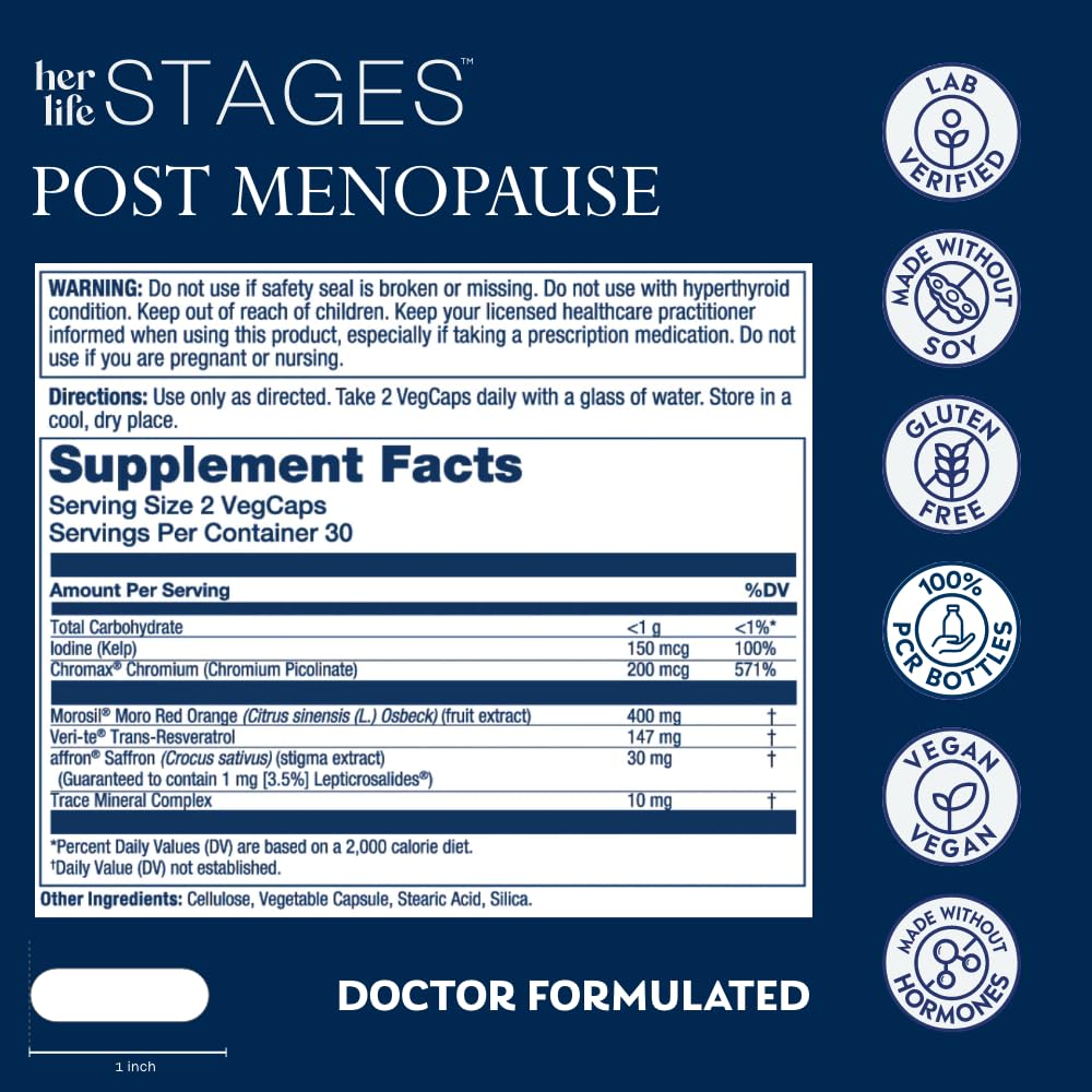 SOLARAY Postmenopause her Life Stages - Post Menopause Supplements for Women with Resveratrol - Vegan and Made Without Hormones - 60-Day Guarantee - Vegan, Lab Verified - 30 Servings, 60 VegCaps SOLARAY Au supplements