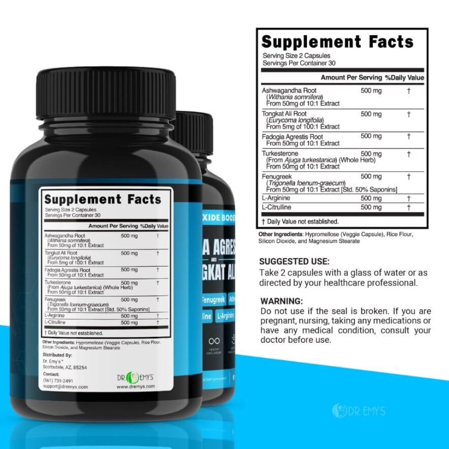 (2 Pack) Tongkat Ali Fadogia Agrestis Nitric Oxide Ashwagandha Supplement for Men Dr. Emy's Au supplements