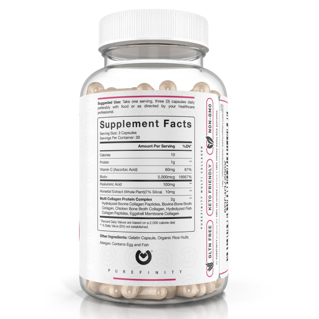 PUREFINITY Collagen Peptides for Women – Type I, II, III, V & X with Biotin & Hyaluronic Acid, Supports Healthy Skin, Bones, Hair & Nails – Non-GMO, Grass-Fed (90 Capsules, 1 Month Supply) PUREFINITY Au supplements
