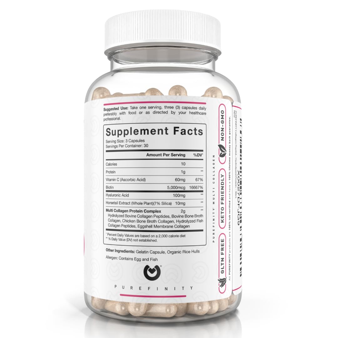 PUREFINITY Collagen Peptides for Women – Type I, II, III, V & X with Biotin & Hyaluronic Acid, Supports Healthy Skin, Bones, Hair & Nails – Non-GMO, Grass-Fed (90 Capsules, 1 Month Supply) PUREFINITY Au supplements