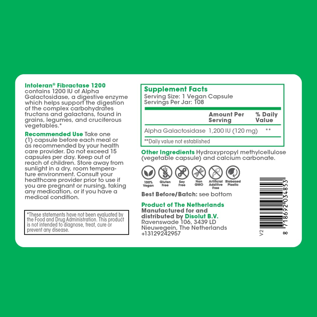 Intoleran Fibractase 1200 Digestive Enzymes - 108 Capsules | Supplement for Fructans & Galactans Intolerance | Helps Digest Carbohydrates; Grains, Legumes