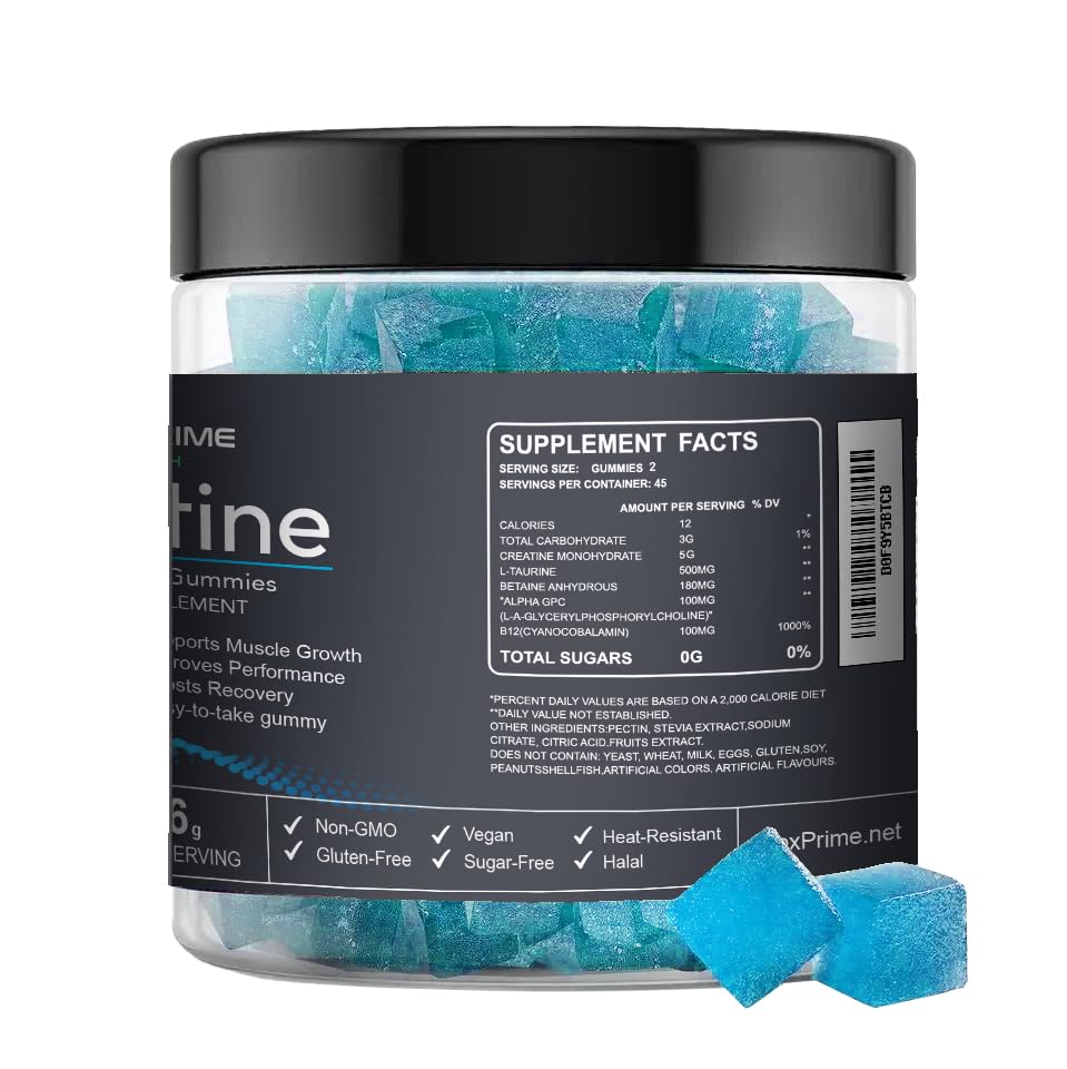 FlexPrime Creatine Gummies Sugar Free - 6g Creatine Monohydrate + L-Taurine, Alpha GPC, Betaine | Vegan Halal Blueberry Chews for Lean Muscle, Strength, Brain Health | Men Women 90 Count FlexPrime Au supplements