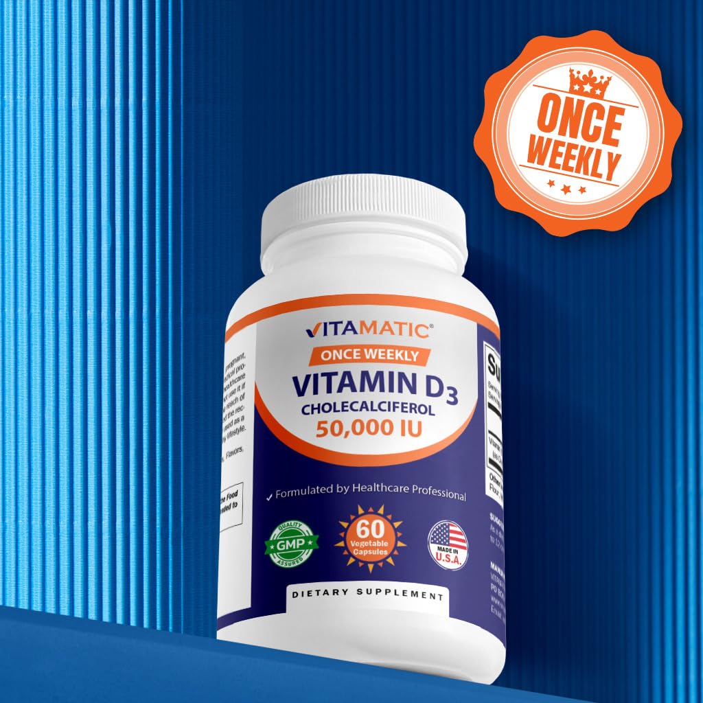 Vitamatic Vitamin D3 50,000 IU (as Cholecalciferol), Once Weekly Dose, 1250 mcg, 60 Veggie Capsules 1 Year Supply, Progressive Formula Helping