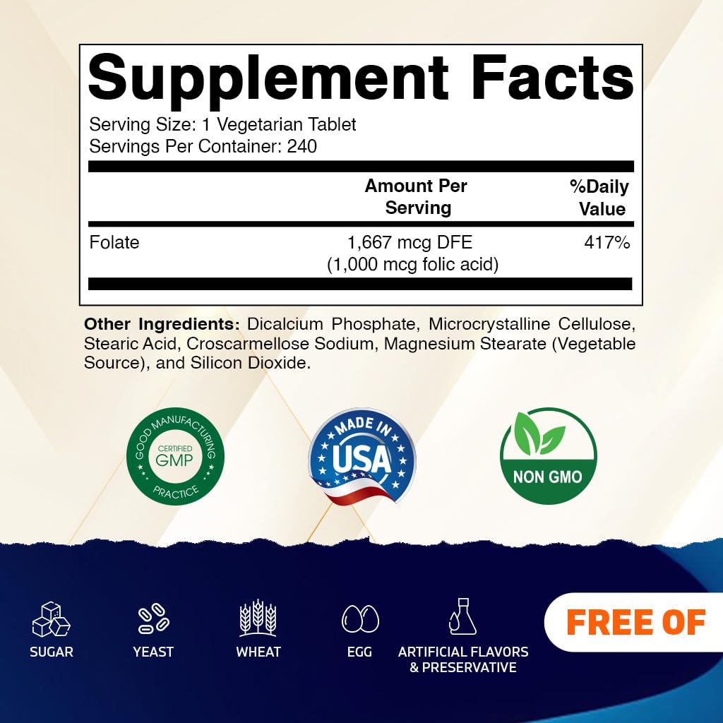 Vitamatic Folic Acid 1000 mcg (1 mg) - Vegetarian Tablets - 1667 mcg DFE - Vitamin B9 (240 Count (Pack of 1))