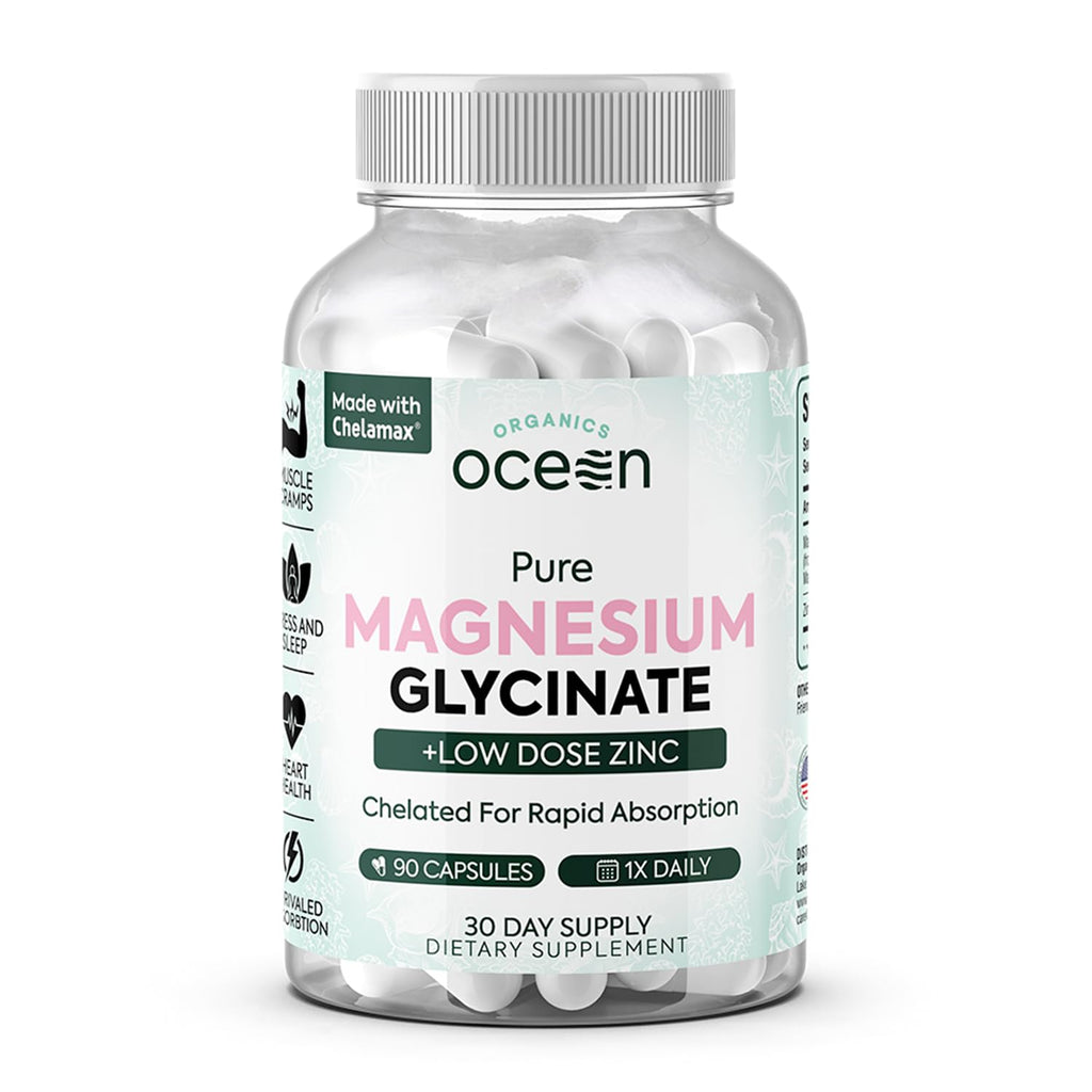Organics Ocean Pure Magnesium Glycinate with Zinc - Maximum Strength Chelated Magnesium Supplement for Women and Men