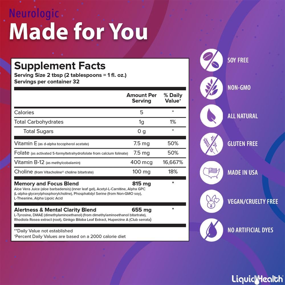 LIQUIDHEALTH Neurologic Focus Supplement - Brain Booster Nootropic Supplement for Cognitive Function, Memory & Focus with Ginkgo Biloba, Choline, L-Theanine & Phosphatidylserine - USA Made (32 oz) LIQUIDHEALTH Au supplements