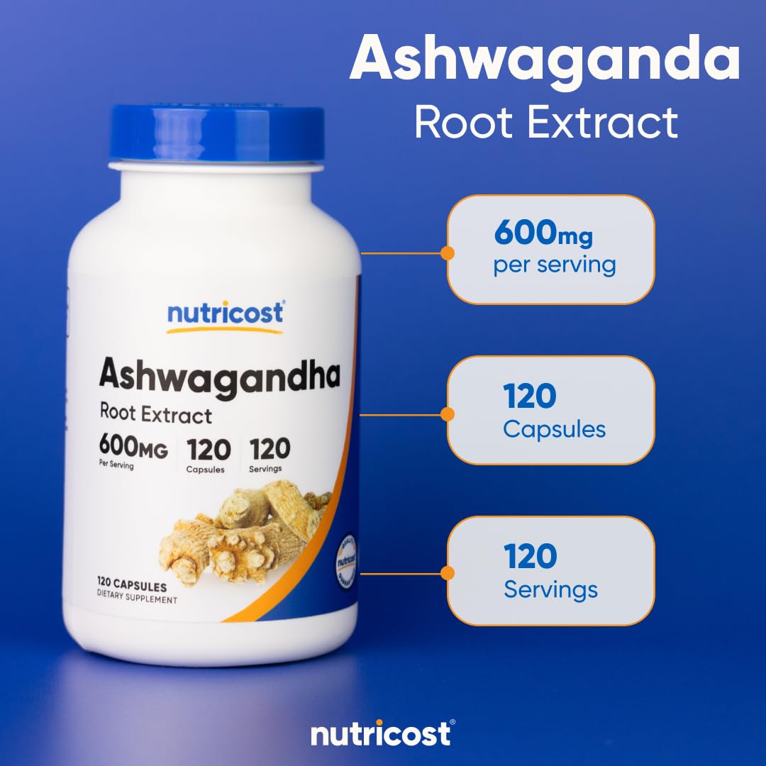 Nutricost Ashwagandha Herbal Supplement 600mg, 120 Capsules - Vegetarian, Non-GMO, Gluten Free, Ashwagandha Root Nutricost Au supplements