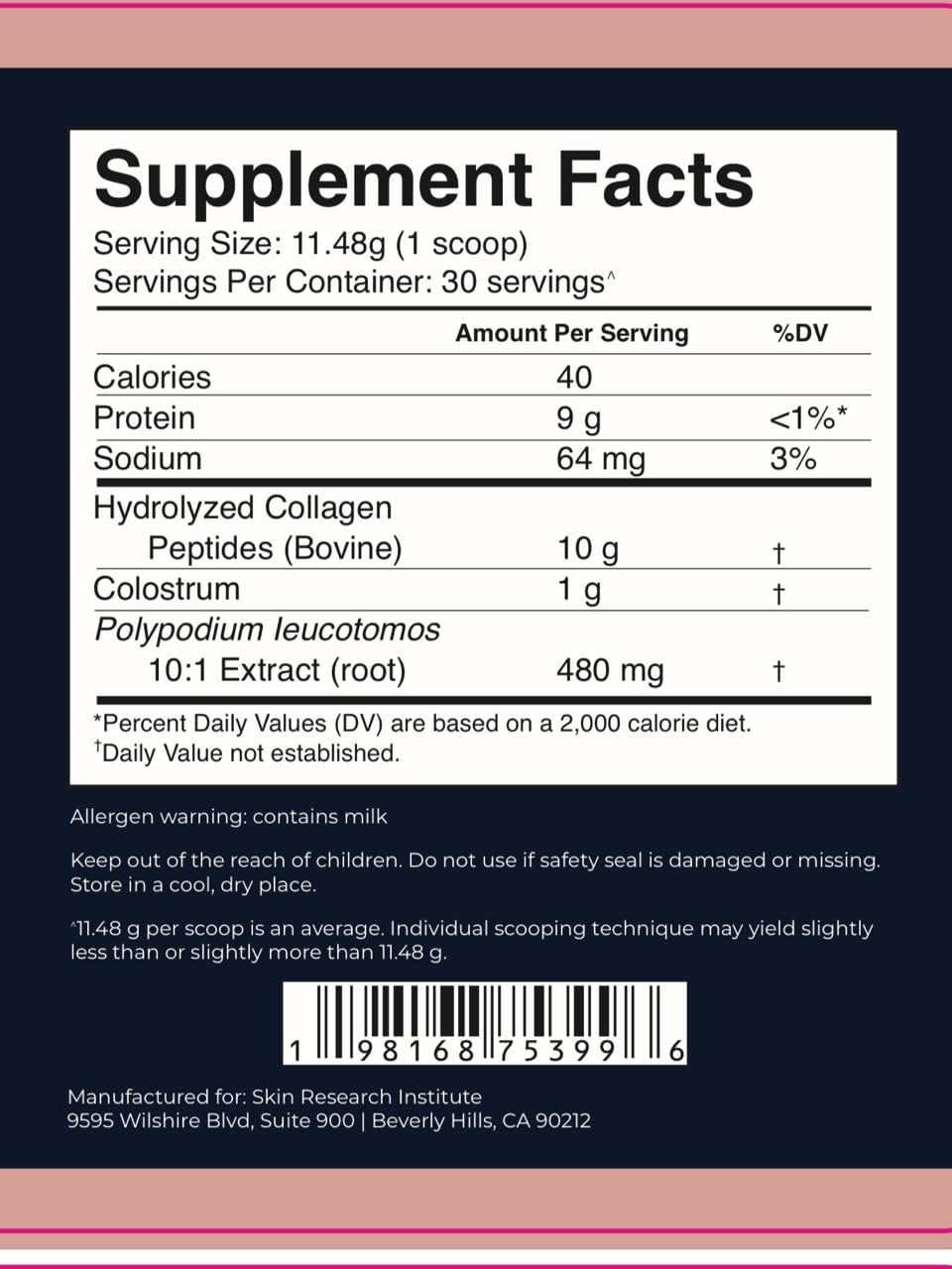 SRILabs ColSilk Unflavored Hydrolyzed Collagen Powder with Colostrum and Polypodium - Skin, Hair, Nails, Gut Health and Joint Support - One Scoop Daily | 1 Month Supply Skin Research Institute Au supplements