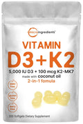 Vitamin D3 5000 IU Plus K2 (MK-7) 100 mcg, 300 Virgin Coconut Oil Softgels Micro Ingredients Au supplements
