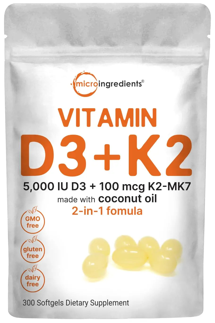 Vitamin D3 5000 IU Plus K2 (MK-7) 100 mcg, 300 Virgin Coconut Oil Softgels Micro Ingredients Au supplements
