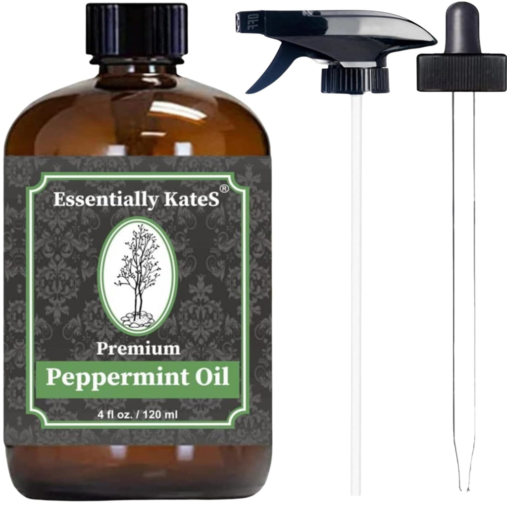 Peppermint Essential Oil 4 oz. with Huge Glass Bottle, Glass Dropper, and Sprayer. Detailed User's Guide E-Book