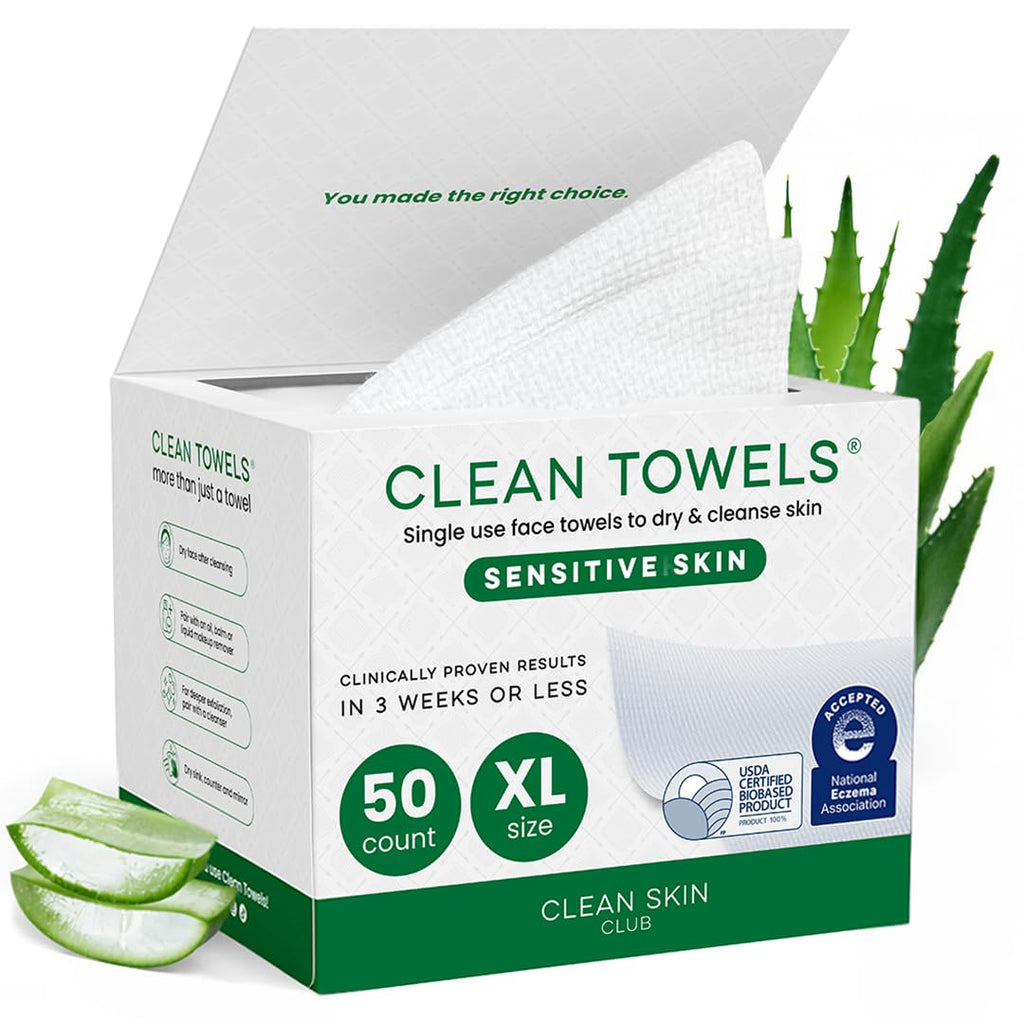CLEAN SKIN CLUB Sensitive Skin Clean Towels® XL, Ultra-Soft Disposable Face Dry Wipes Infused with Aloe & Glycerin