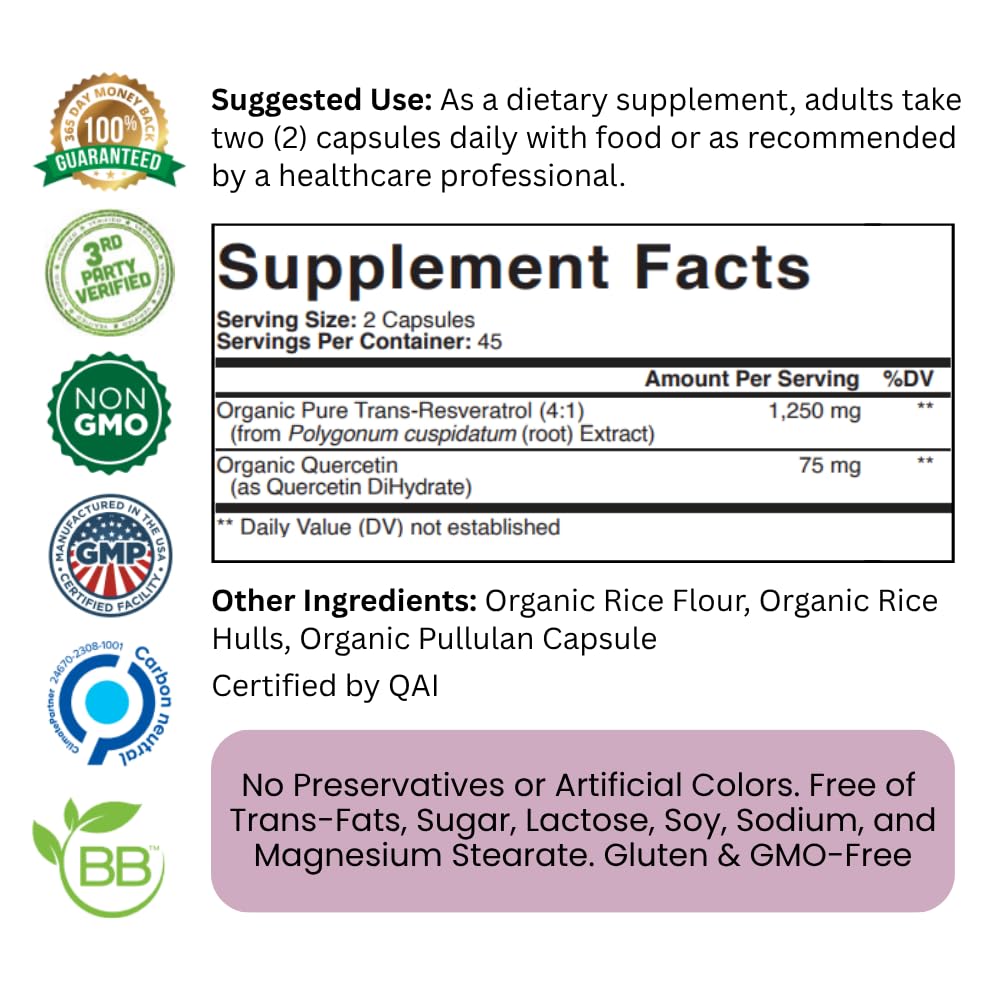 Purity Labs Trans-Resveratrol Supplement 5,000 mg Equivalent per Serving with Quercetin, USDA Organic High Potency Antioxidant,
