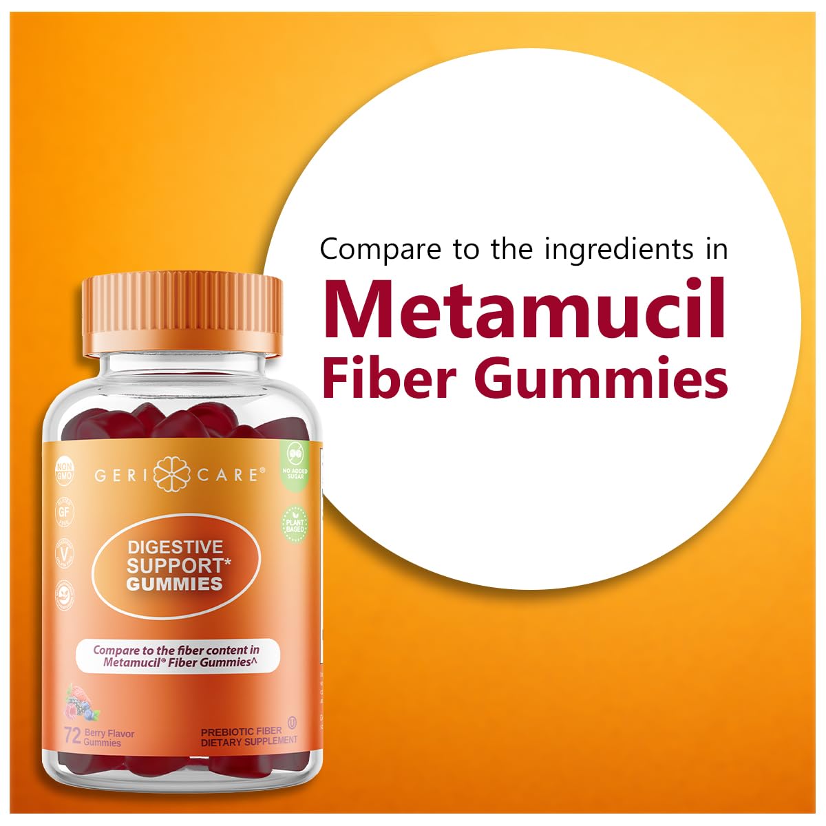 GeriCare Prebiotic Digestive Support, Gummies Compare to Metamucil Fiber Gummies, Berry Flavor, 72 Count, Plant-Based Fiber for Gut Health, Non-GMO,