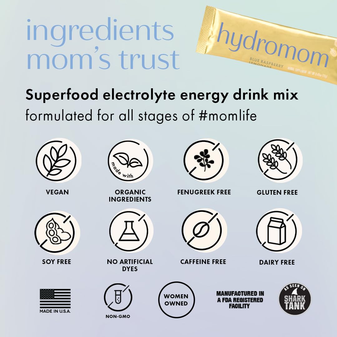 Boobie Hydromom Superfood Electrolyte Drink Mix, Blue Raspberry Lemonade | Refreshing Energy & Hydration Boost for Mamas | On-The-Go & Travel Essentials for Pregnancy,