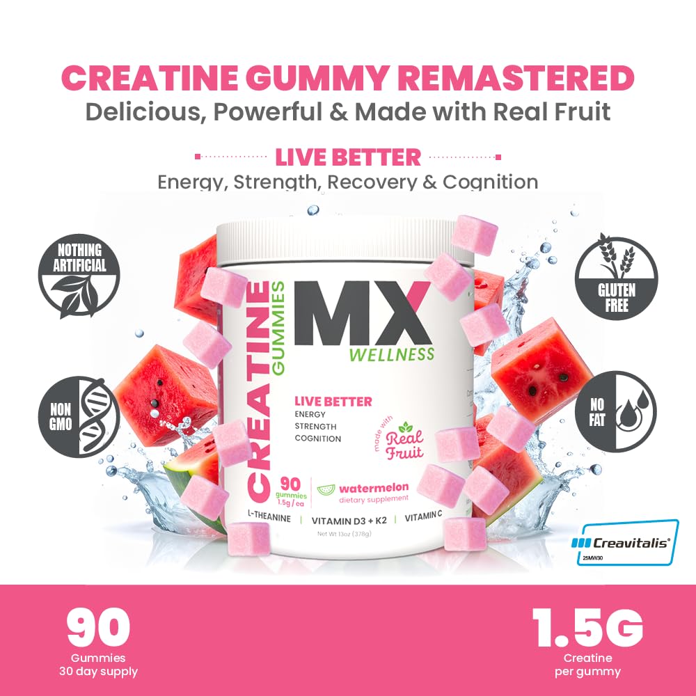 MX Wellness Creatine Monohydrate Gummies for Men & Women – Real Fruit Gummy Supplement for Muscle Growth, Recovery, Longevity, Cognitive Health & Memory – 90 Chews (90 Gummies, Watermelon) MX Wellness Au supplements