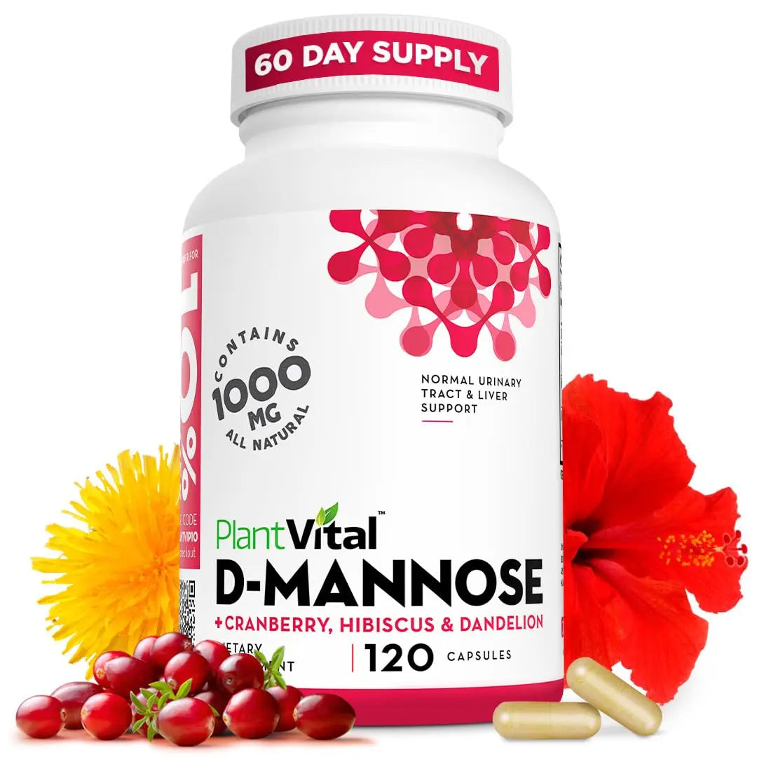 Plantvital D Mannose Capsules with Cranberry - D-mannose 1000mg Capsules - High Potency for Bladder, Kidney and Urinary Tract Support. Cranberry Powder with Hibiscus and Dandelion. 2 Months Supply Plantvital Au supplements