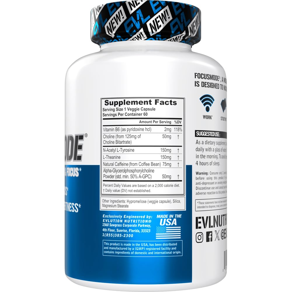 Evlution Nutrition Mental Energy and Focus Supplement for Adults - Nootropics Brain Support Supplement with Caffeine L Theanine Alpha GPC and L-Tyrosine - Focus Pills for Sustained Peak Performance Evlution Au supplements